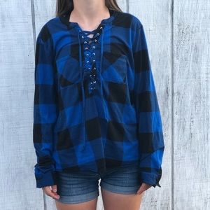 Blue and black lace up flannel